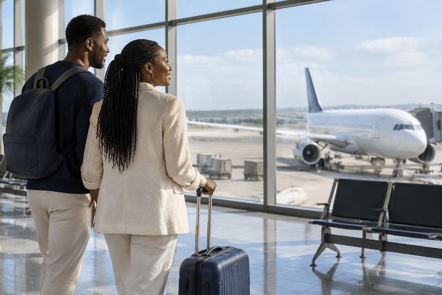 Voyageurs africains dans un aéroport face à un avion, illustration de voyage